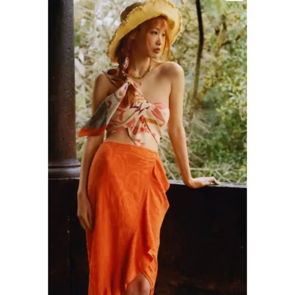 Anthropologie Maeve Slim Ruffle Wrap Skirt NWT in Orange 12