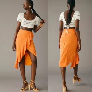 Anthropologie Maeve Slim Ruffle Wrap Skirt NWT in Orange 12