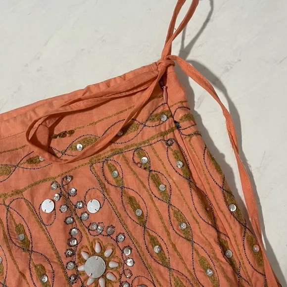 Baba Clothing Coral Pink Embroidered Sequin Maxi Skirt One Size Artsy Eclectic