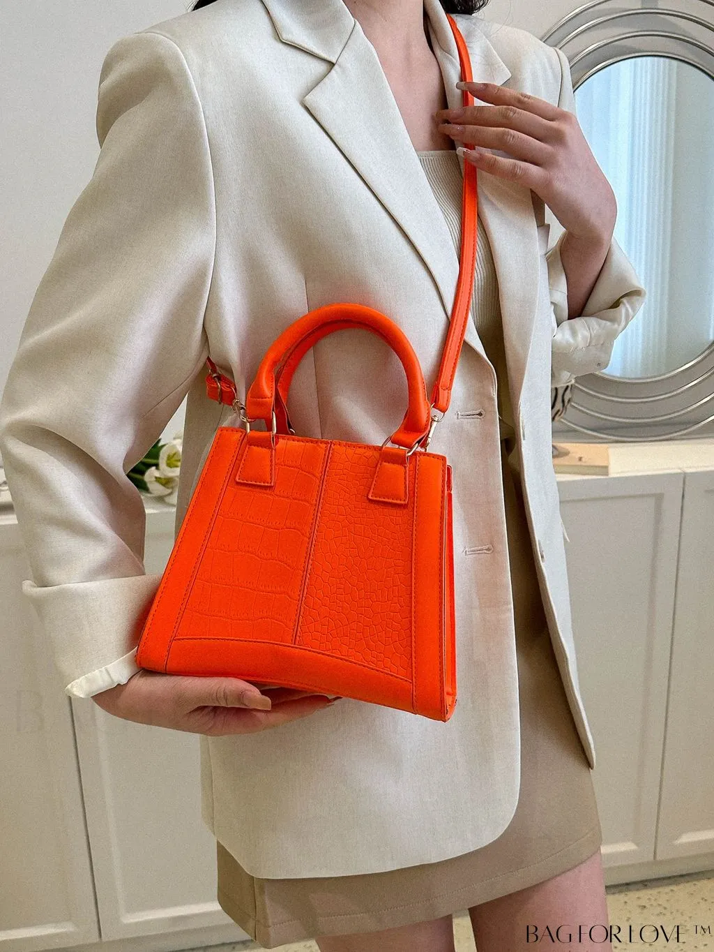BagForLove - Crocodile Embossed Small Square Bag with Double Handles - Stylish and Trendy