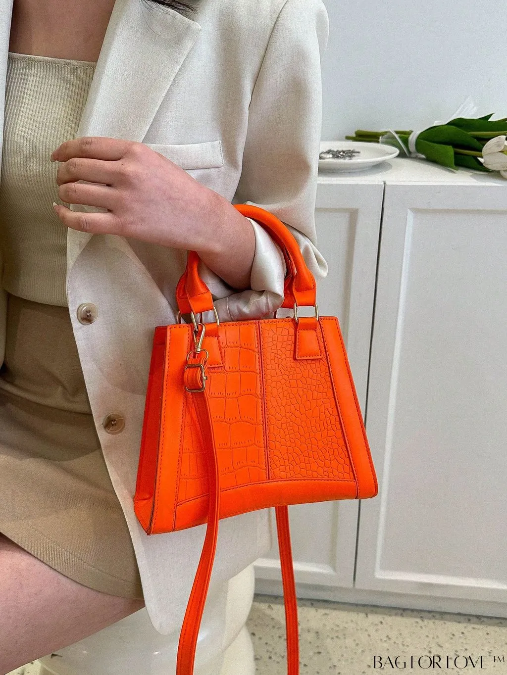 BagForLove - Crocodile Embossed Small Square Bag with Double Handles - Stylish and Trendy