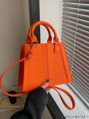 BagForLove - Crocodile Embossed Small Square Bag with Double Handles - Stylish and Trendy