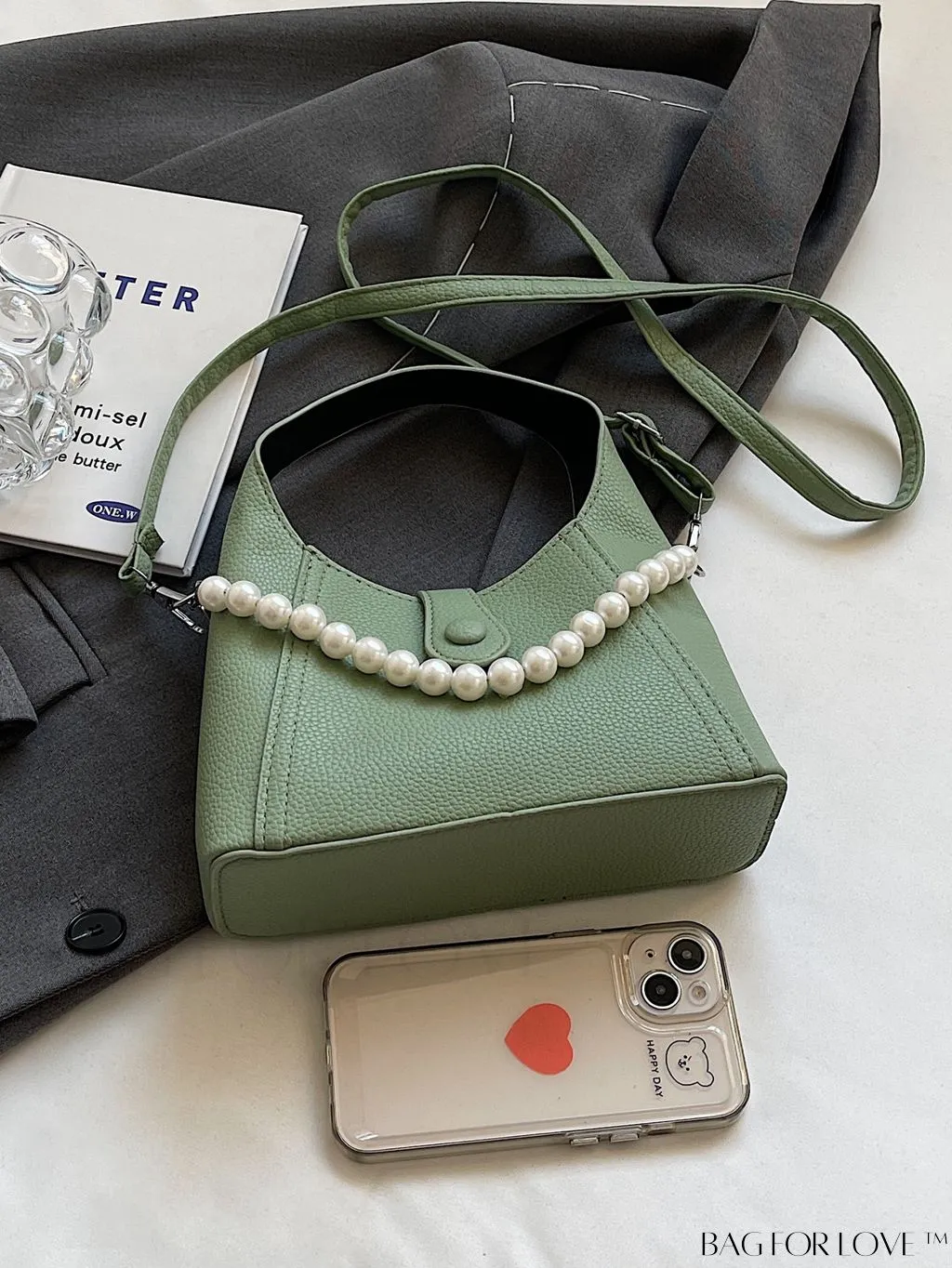 BagForLove - Litchi Pattern Faux Pearl Handbag: Elegant & trendy solid color fashion accessory