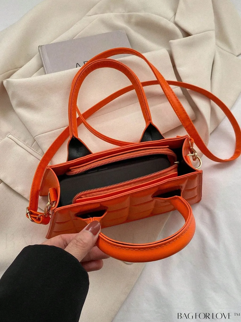 BagForLove - Neon Orange Baguette Bag with Embossed Detail - Compact and Trendy