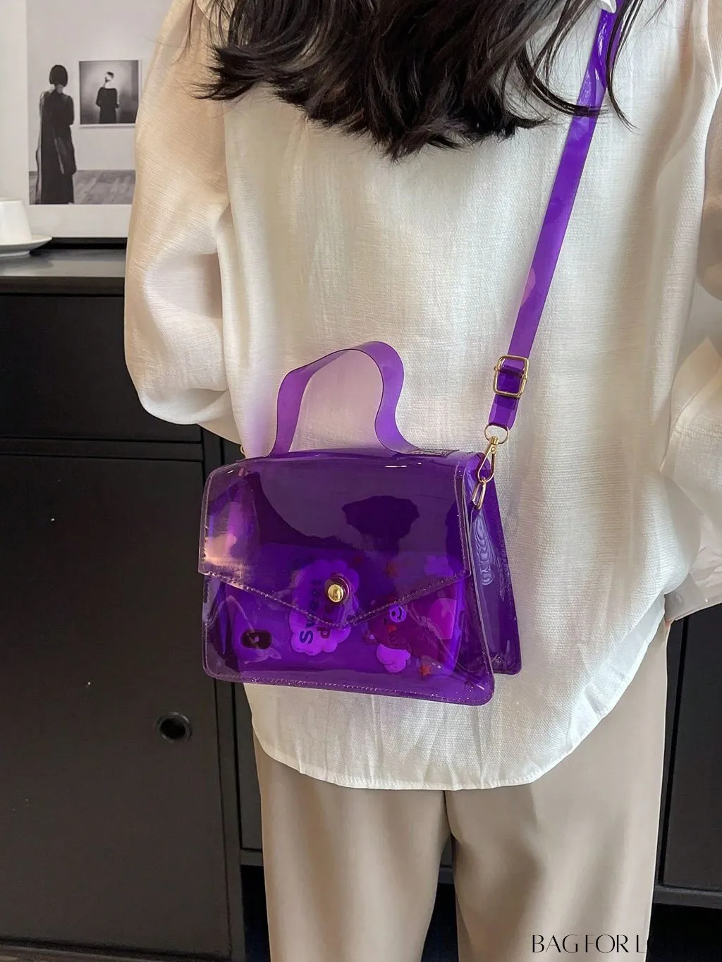 BagForLove - Stylish PVC Clear Square Bag with Top Handle, Flap Closure - Trendy