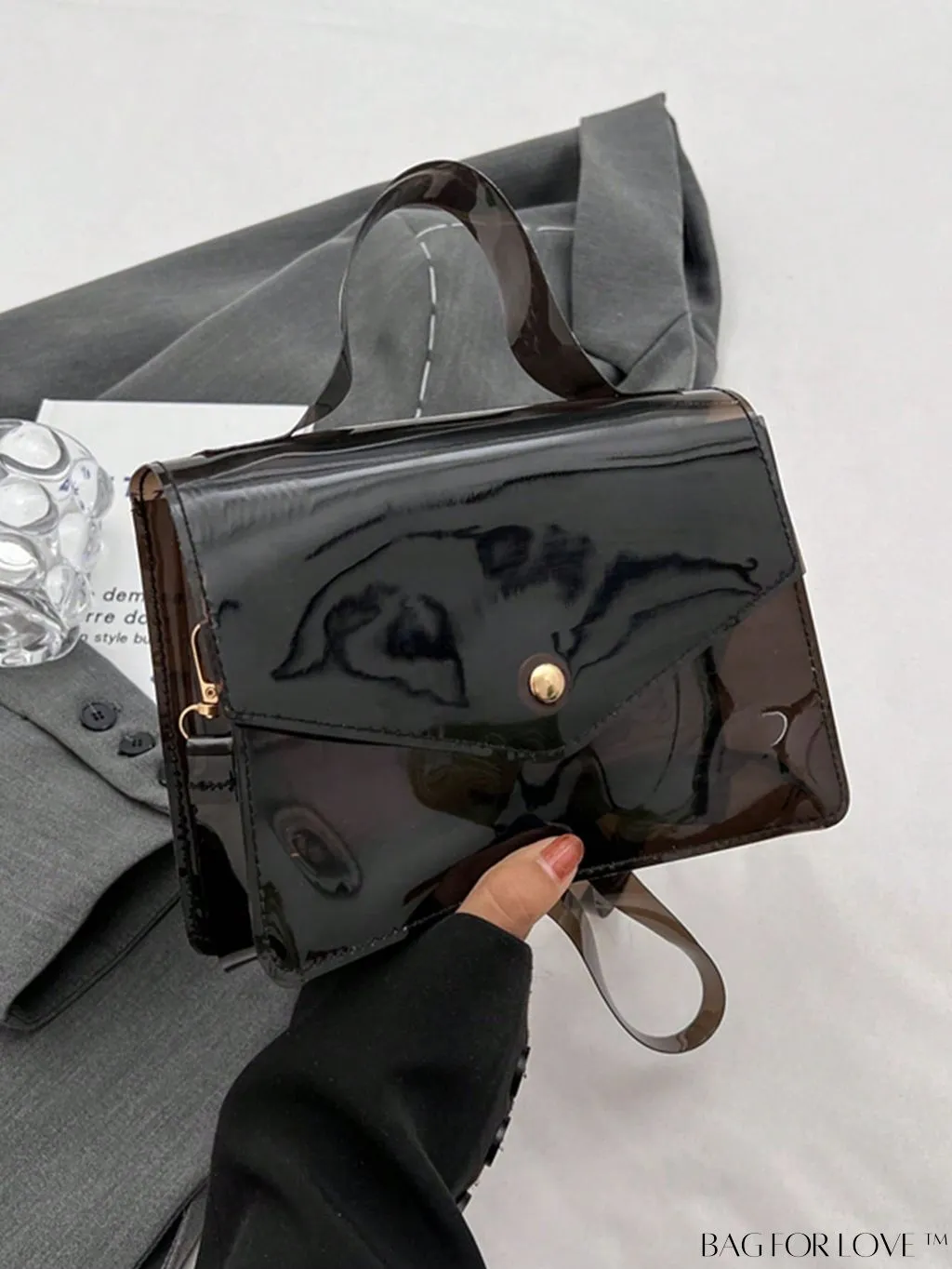 BagForLove - Stylish PVC Clear Square Bag with Top Handle, Flap Closure - Trendy