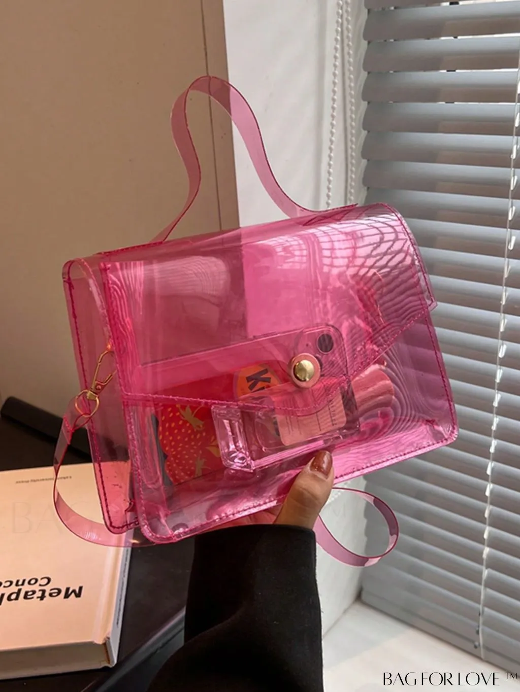BagForLove - Stylish PVC Clear Square Bag with Top Handle, Flap Closure - Trendy