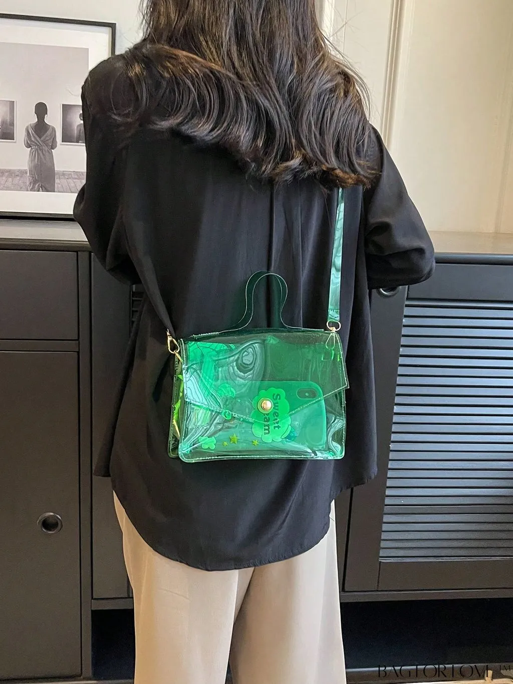 BagForLove - Stylish PVC Clear Square Bag with Top Handle, Flap Closure - Trendy