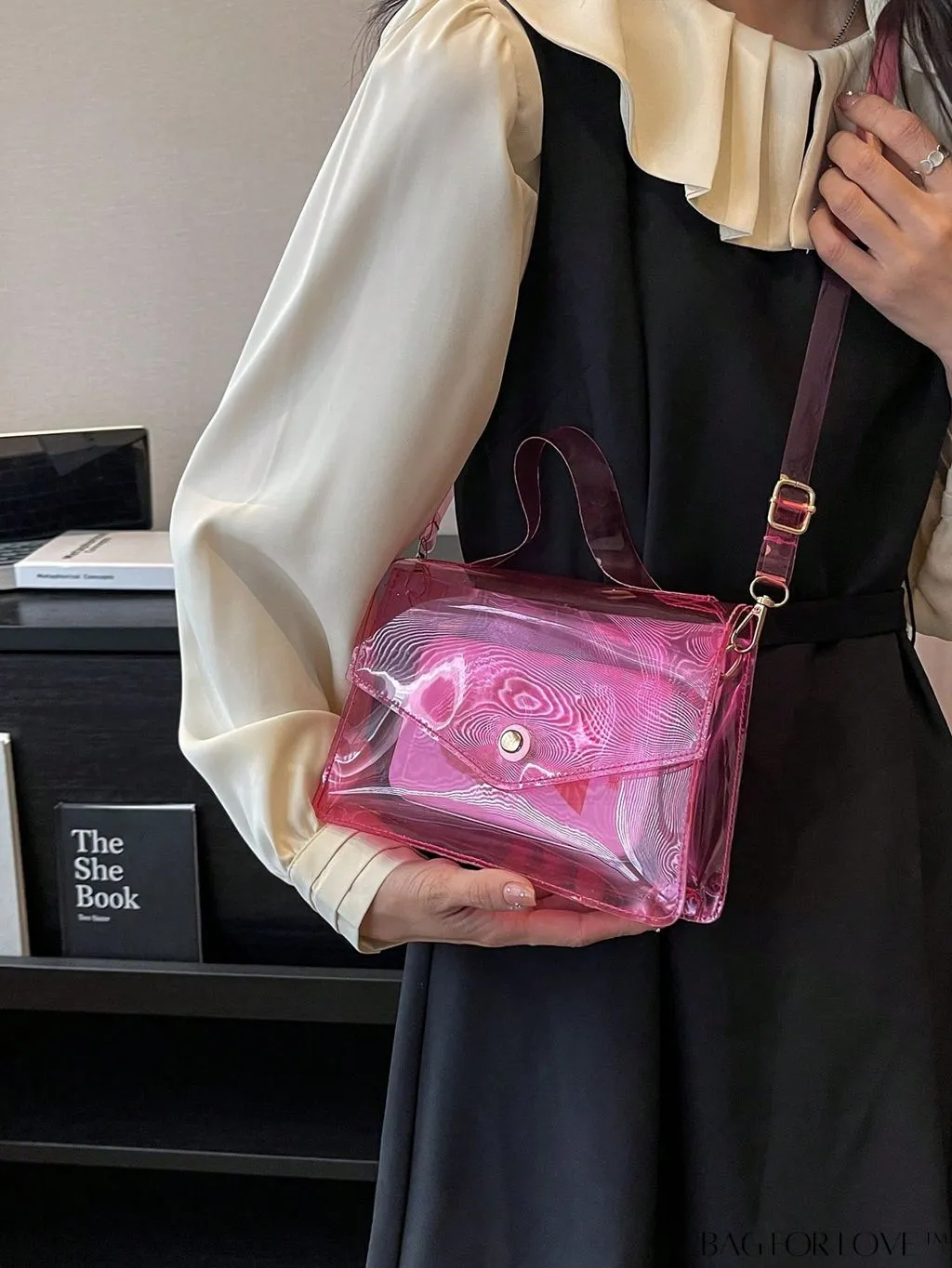 BagForLove - Stylish PVC Clear Square Bag with Top Handle, Flap Closure - Trendy