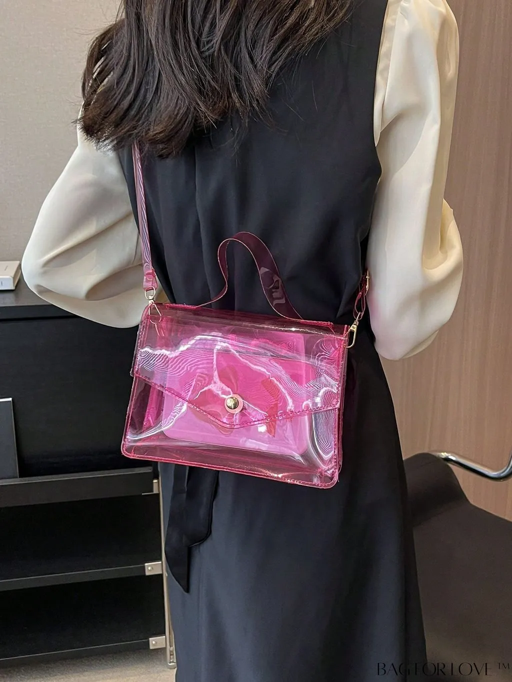 BagForLove - Stylish PVC Clear Square Bag with Top Handle, Flap Closure - Trendy