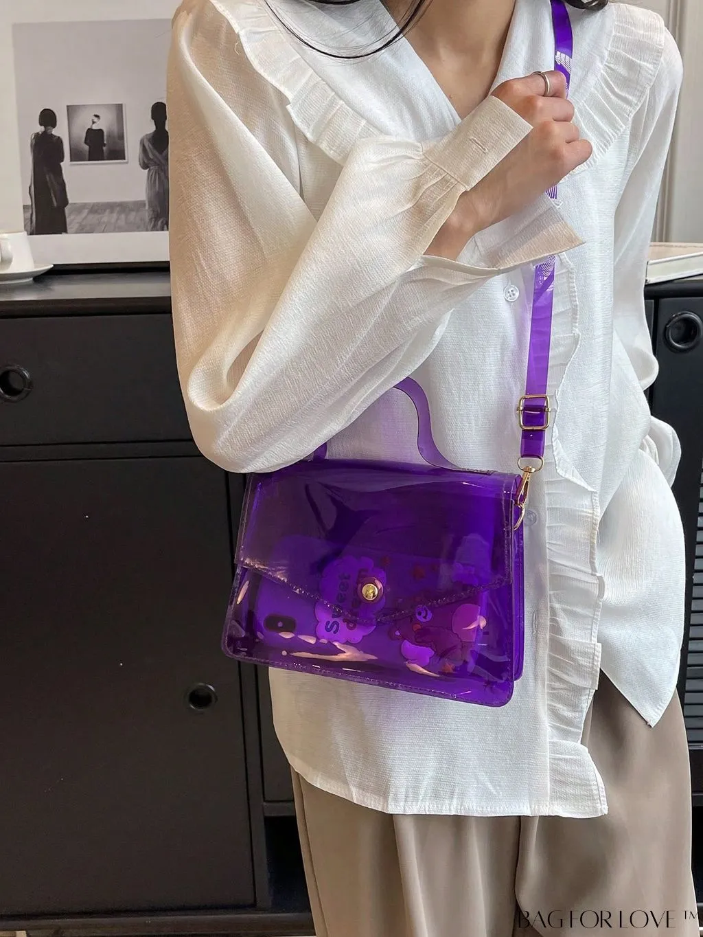 BagForLove - Stylish PVC Clear Square Bag with Top Handle, Flap Closure - Trendy