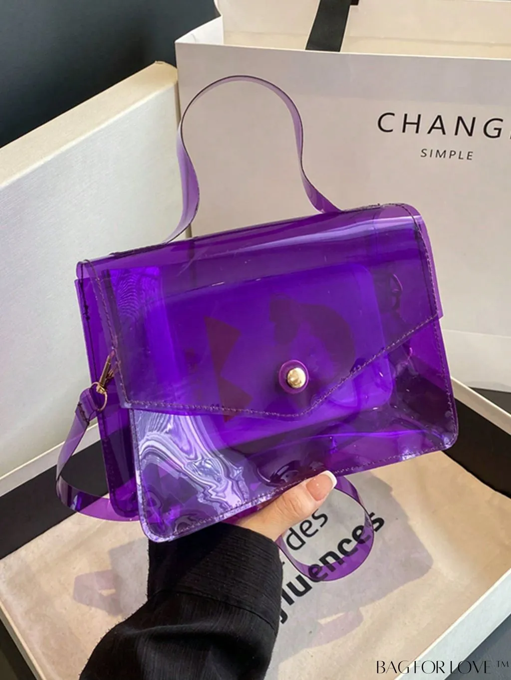 BagForLove - Stylish PVC Clear Square Bag with Top Handle, Flap Closure - Trendy