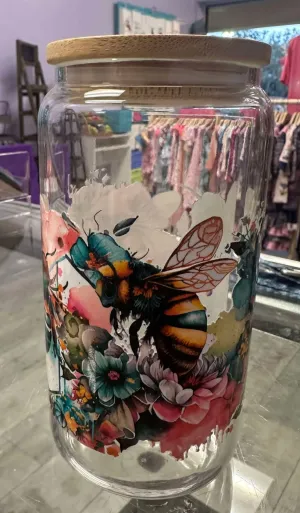 Bees With Flowers Glass Cup