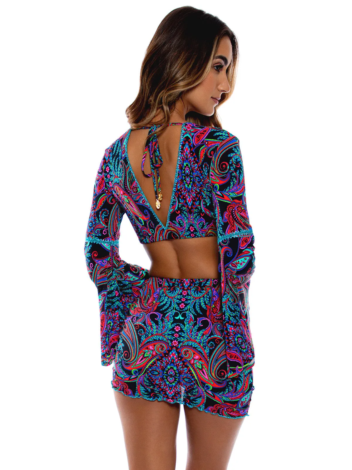 Bell Sleeve Crop-Wavy Luxe Stitch Scrunched Up Mini Skirt