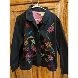 Black denim jacket with colorful floral embroidery detail by White Stag size XL