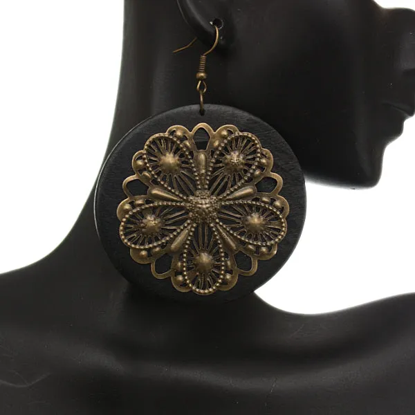 Black Wooden Round Antique Filigree Earrings