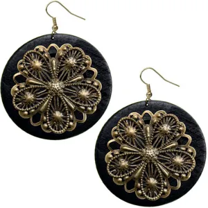 Black Wooden Round Antique Filigree Earrings