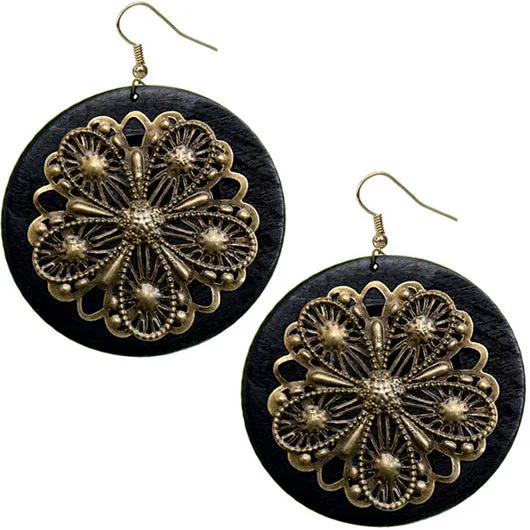 Black Wooden Round Antique Filigree Earrings