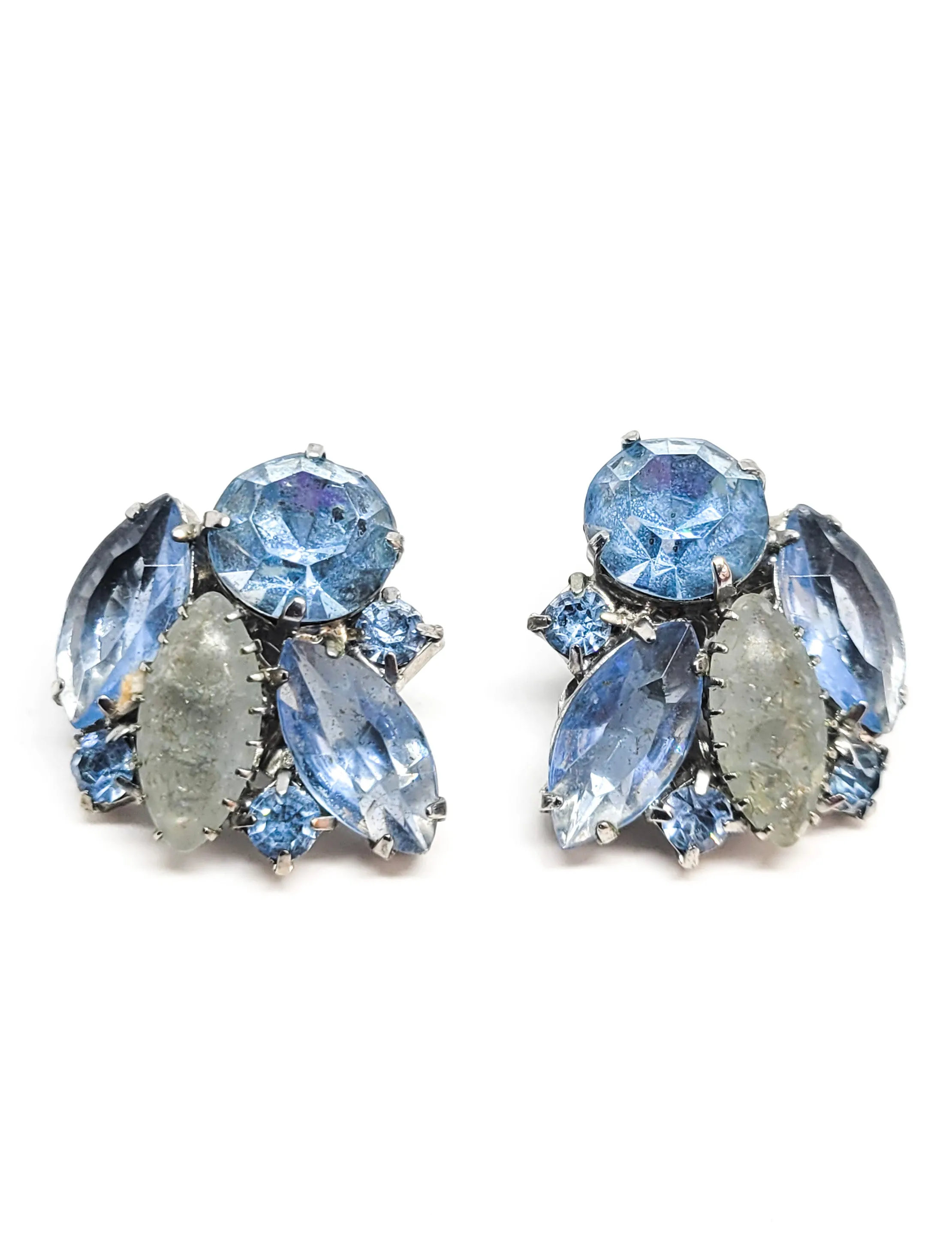 Blue rhinestone and frosted crackle glass blue clip on vintage earrings mid century