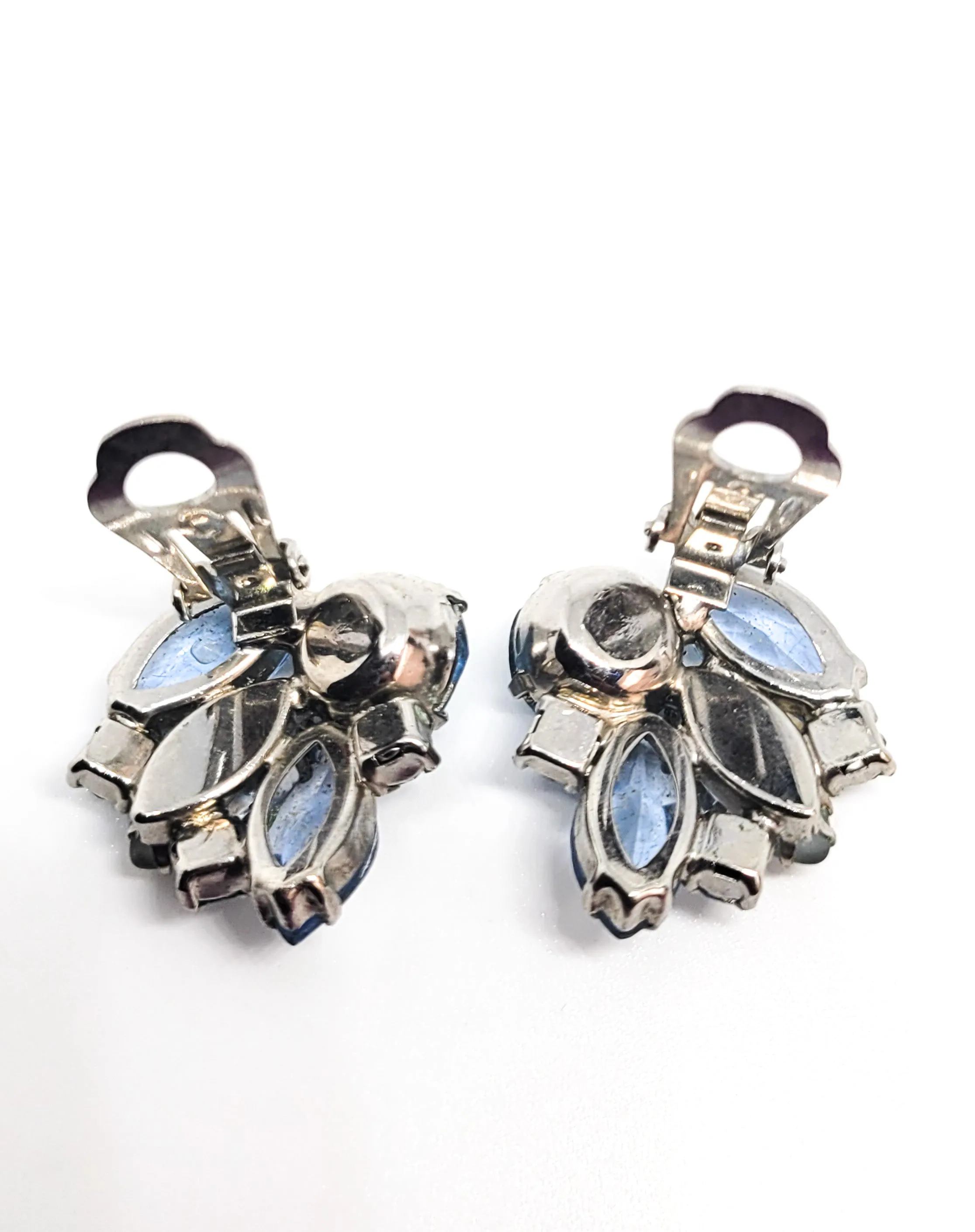 Blue rhinestone and frosted crackle glass blue clip on vintage earrings mid century