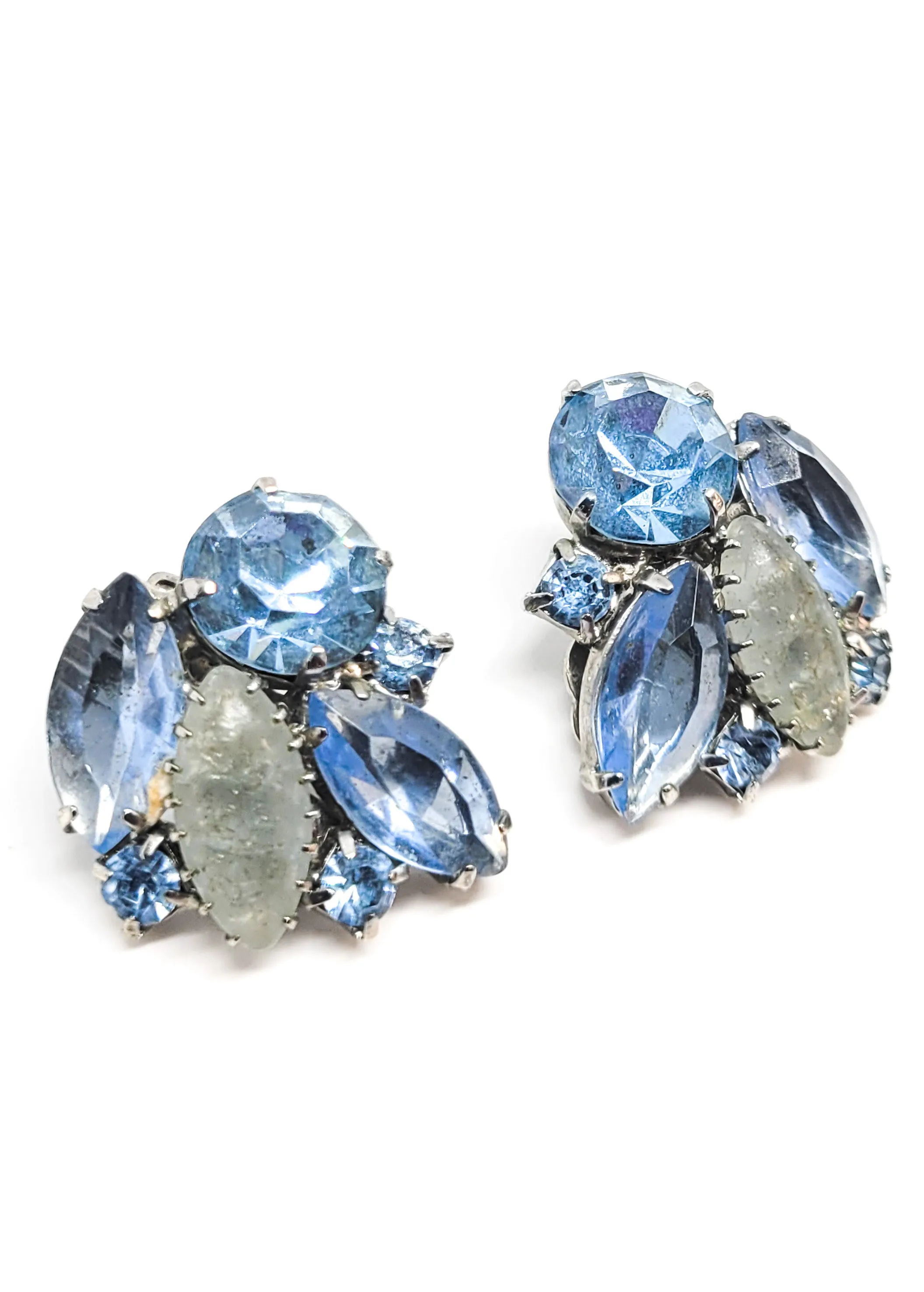 Blue rhinestone and frosted crackle glass blue clip on vintage earrings mid century