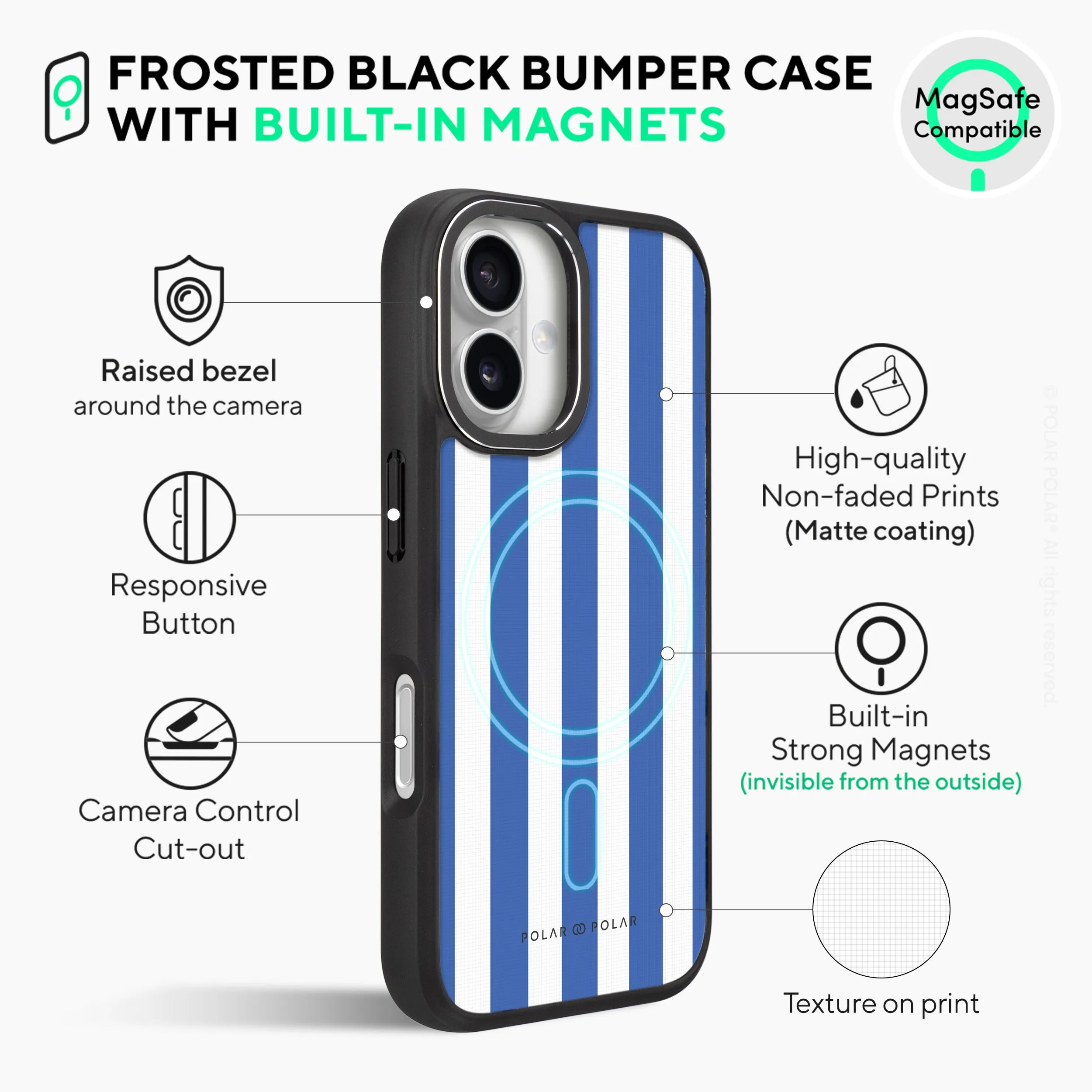 Blue Stripe - iPhone 16 Plus Frosted Black Bumper MagSafe Case