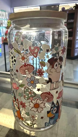 Bluey and Gang With Mushrooms Glass Cup