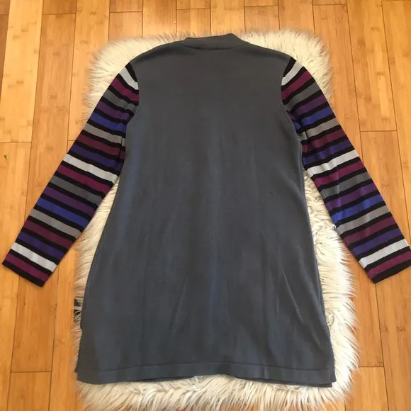 Bob Mackie Wearable Art Multicolor Stripes Button Down Grey Sweater Cardigan M