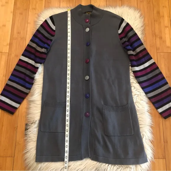 Bob Mackie Wearable Art Multicolor Stripes Button Down Grey Sweater Cardigan M