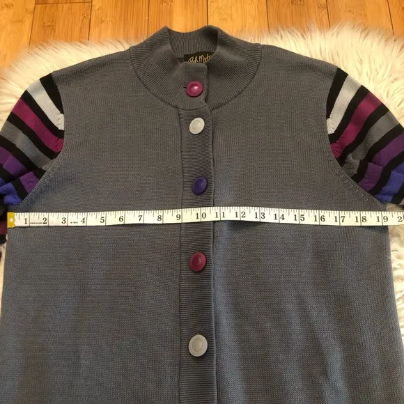 Bob Mackie Wearable Art Multicolor Stripes Button Down Grey Sweater Cardigan M