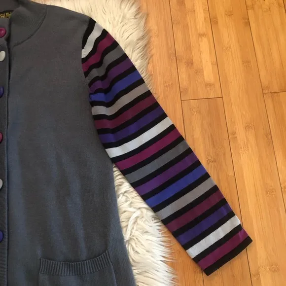 Bob Mackie Wearable Art Multicolor Stripes Button Down Grey Sweater Cardigan M
