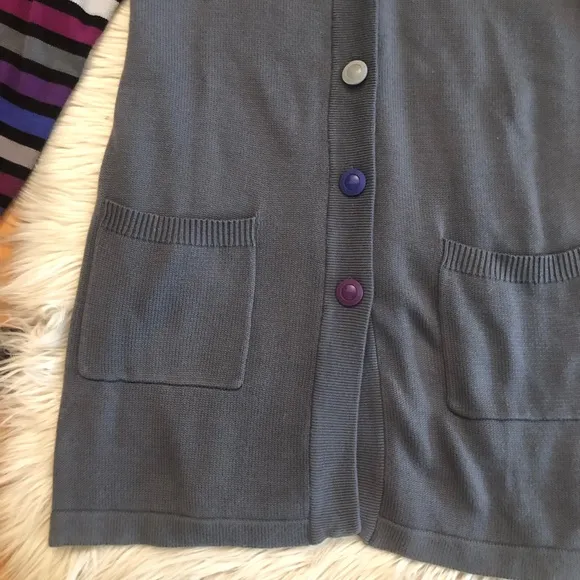 Bob Mackie Wearable Art Multicolor Stripes Button Down Grey Sweater Cardigan M