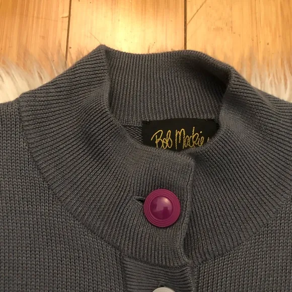 Bob Mackie Wearable Art Multicolor Stripes Button Down Grey Sweater Cardigan M