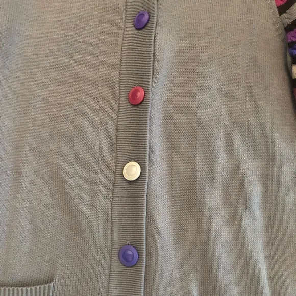 Bob Mackie Wearable Art Multicolor Stripes Button Down Grey Sweater Cardigan M
