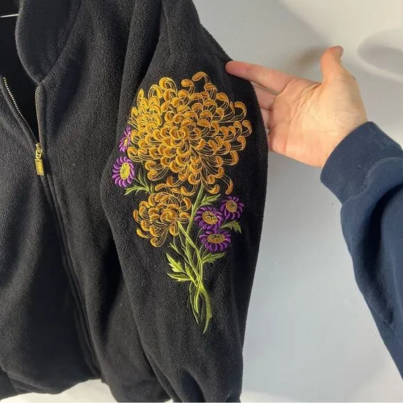 Bob Mackie Embroidered Black Fleece Jacket Size 2X Art to Wear Floral Detail