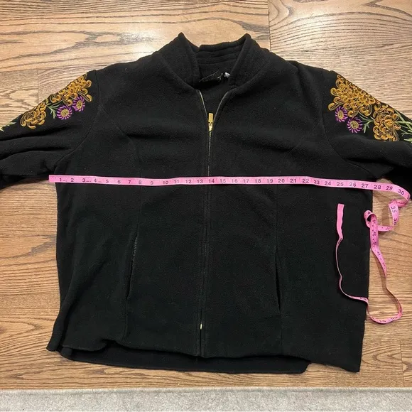 Bob Mackie Embroidered Black Fleece Jacket Size 2X Art to Wear Floral Detail