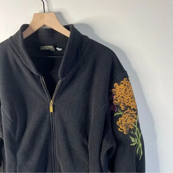 Bob Mackie Embroidered Black Fleece Jacket Size 2X Art to Wear Floral Detail