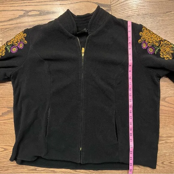 Bob Mackie Embroidered Black Fleece Jacket Size 2X Art to Wear Floral Detail