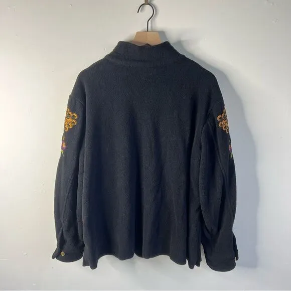 Bob Mackie Embroidered Black Fleece Jacket Size 2X Art to Wear Floral Detail