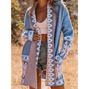 boho aztec print oversized long Open Front Cardigan sweater