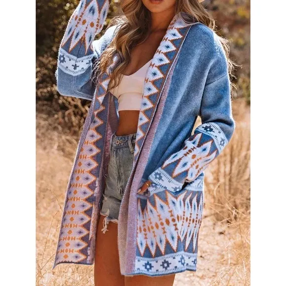 boho aztec print oversized long Open Front Cardigan sweater