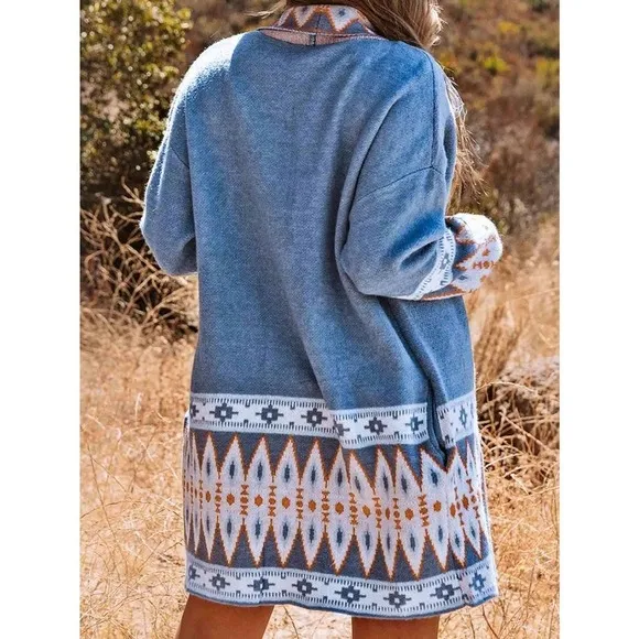 boho aztec print oversized long Open Front Cardigan sweater