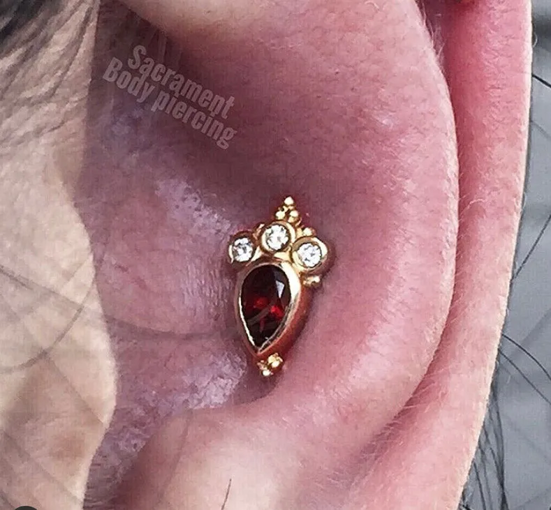 BVLA - Pear Sarai featuring Garnet pear(AA) with white diamonds ( VS) accents in solid yellow gold.