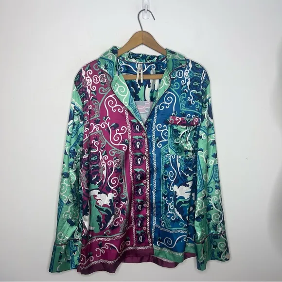 By Anthropologie Silky Artsy Abstract Printed Button Down Collard Pajama Top