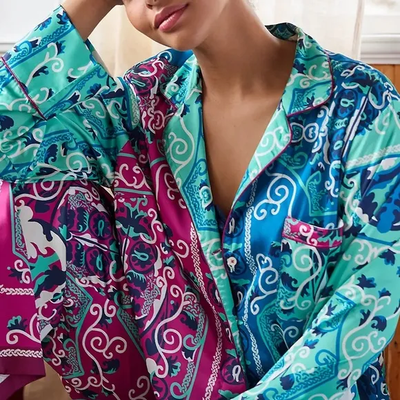 By Anthropologie Silky Artsy Abstract Printed Button Down Collard Pajama Top