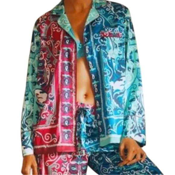 By Anthropologie Silky Artsy Abstract Printed Button Down Collard Pajama Top