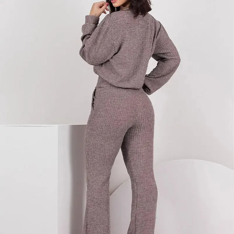 Casual Striped Round Neck Set - Fashionable Solid Ensemble