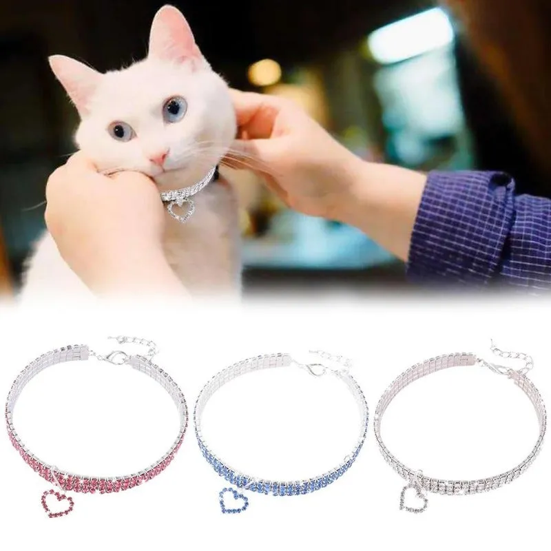 Cat Crystal Heart Collar With Diamante Rhinestone Material