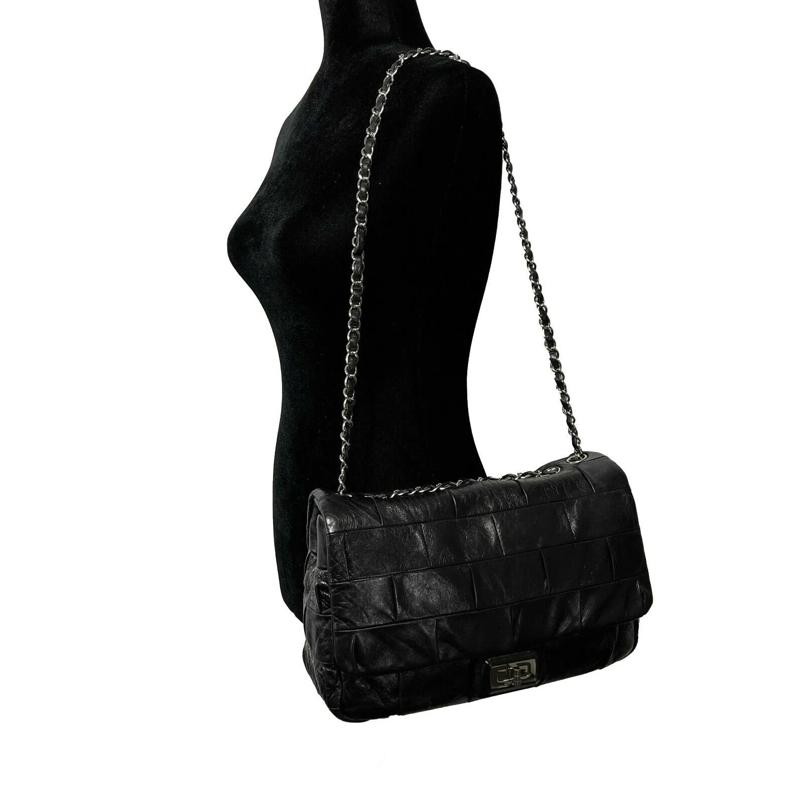 CHANEL - Black Lambskin Igloo Flap - Mademoiselle Turn Lock Crossbody / Shoulder