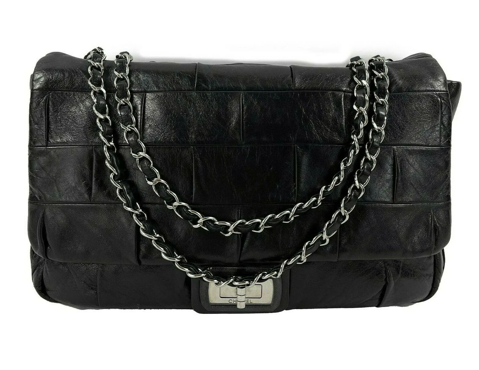 CHANEL - Black Lambskin Igloo Flap - Mademoiselle Turn Lock Crossbody / Shoulder